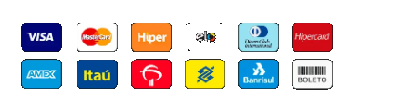 Formas de Pagamento: Visa, Mastercard, Hiper, Elo, Boleto, Pix