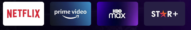 Disponível com conteúdos de Netflix, Prime Video, HBO Max e Star+